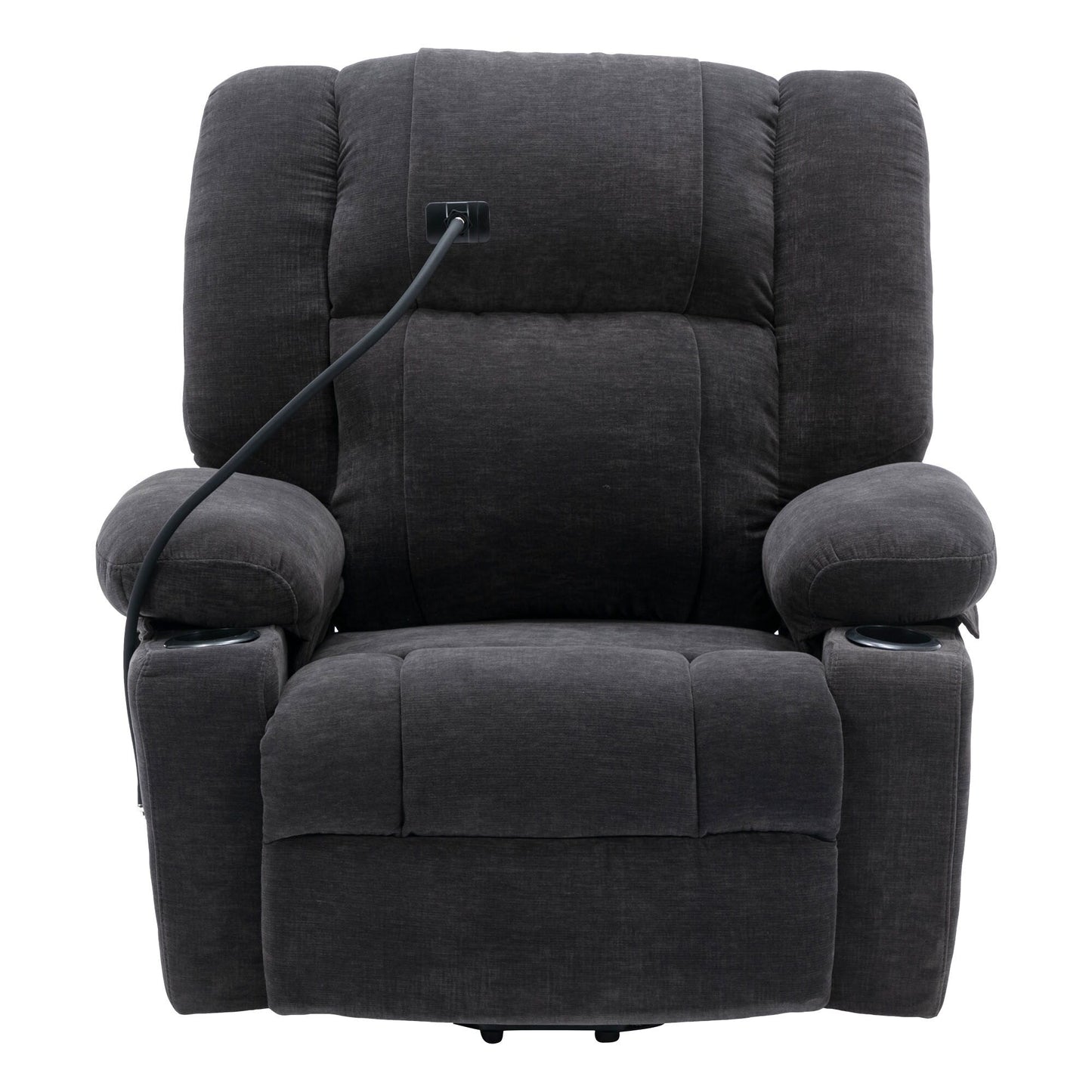 Fauteuil inclinable électrique gris avec massage, chauffage, support de téléphone rotatif à 360°, poches latérales et porte-gobelets pour personnes âgées