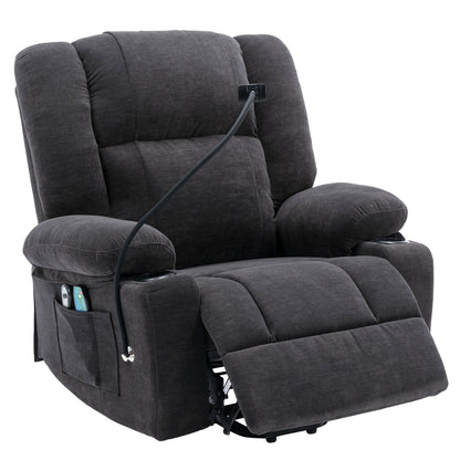 Fauteuil inclinable électrique gris avec massage, chauffage, porte-gobelets et support de téléphone pivotant à 360°, inclinaison réglable