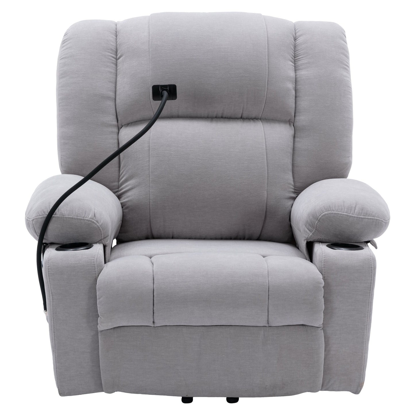 Fauteuil inclinable électrique gris avec massage, chauffage, porte-gobelets et support de téléphone pivotant à 360°, inclinaison réglable