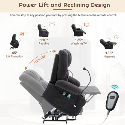 Fauteuil inclinable électrique gris avec massage, chauffage, porte-gobelets et support de téléphone pivotant à 360°, inclinaison réglable