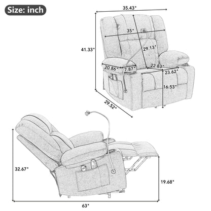 Fauteuil inclinable électrique gris avec massage, chauffage, porte-gobelets et support de téléphone pivotant à 360°, inclinaison réglable