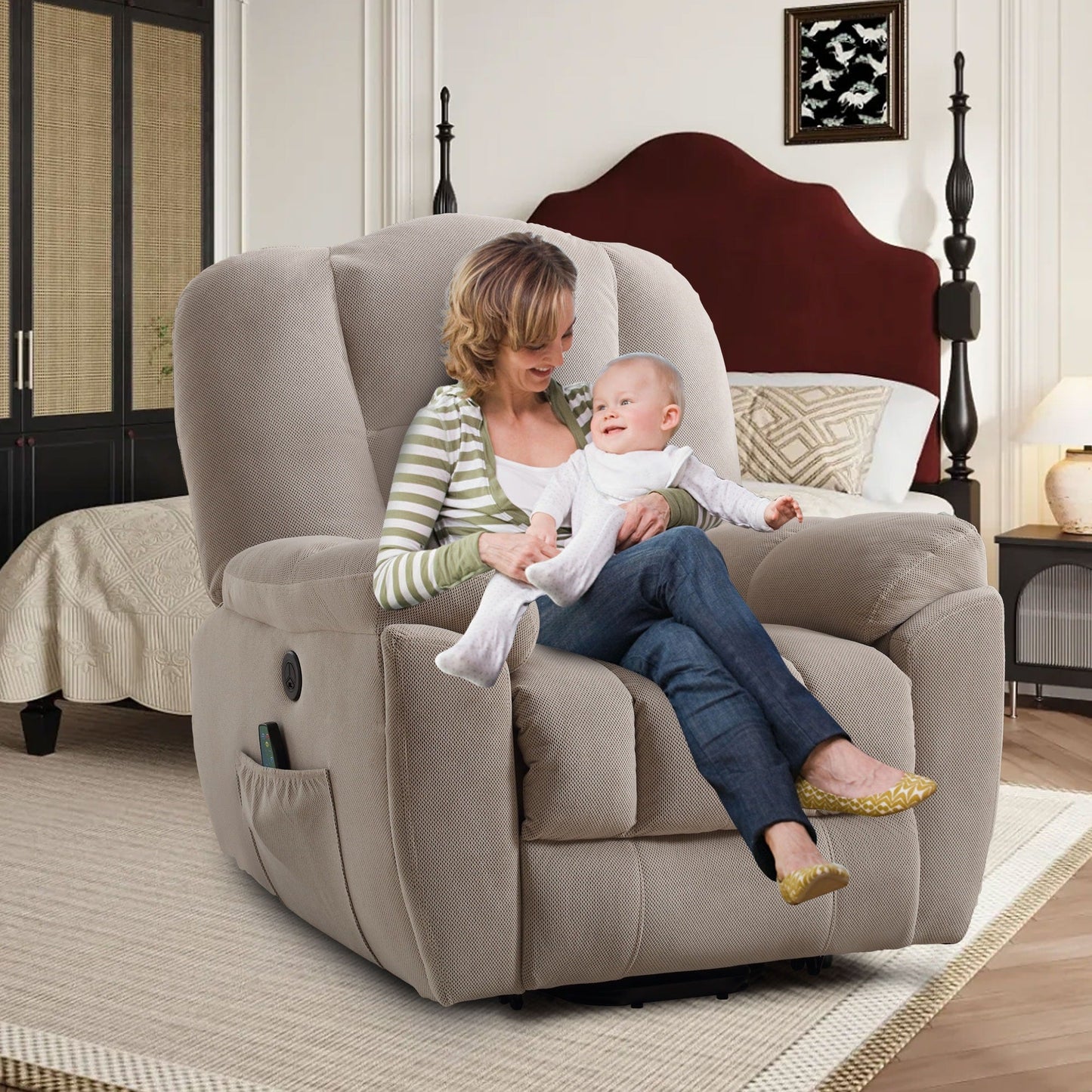 Fauteuil inclinable électrique gris avec chauffage, massage, positions infinies, chargement USB et rangement latéral