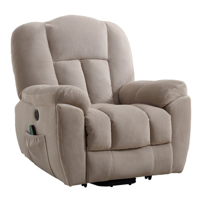 Fauteuil inclinable électrique gris avec chauffage, massage, positions infinies, chargement USB et rangement latéral