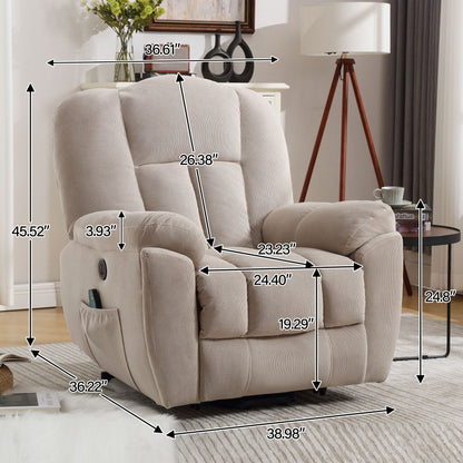 Fauteuil inclinable électrique gris avec chauffage, massage, positions infinies, chargement USB et rangement latéral