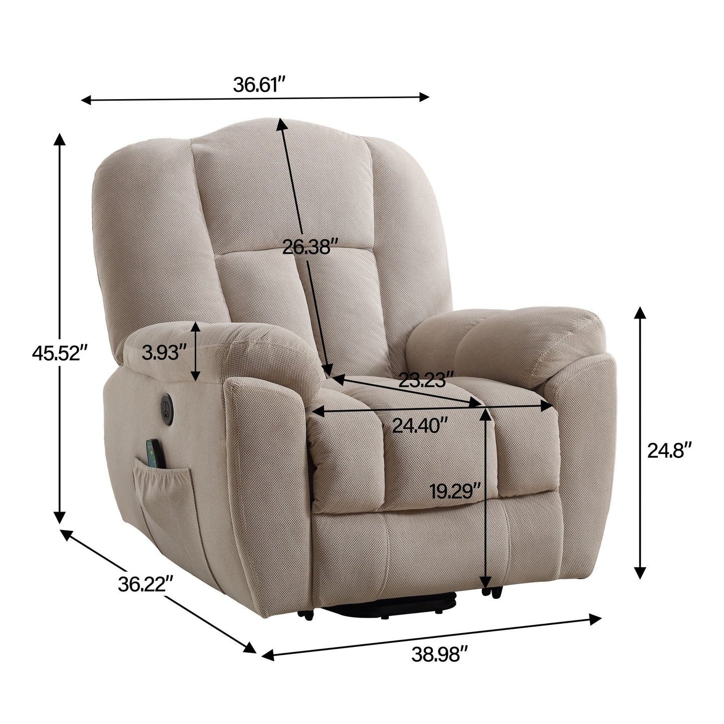Fauteuil inclinable électrique gris avec chauffage, massage, positions infinies, chargement USB et rangement latéral