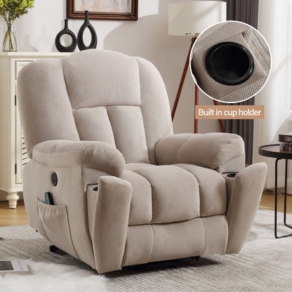 Fauteuil inclinable électrique gris avec chauffage, massage, positions infinies, chargement USB et rangement latéral