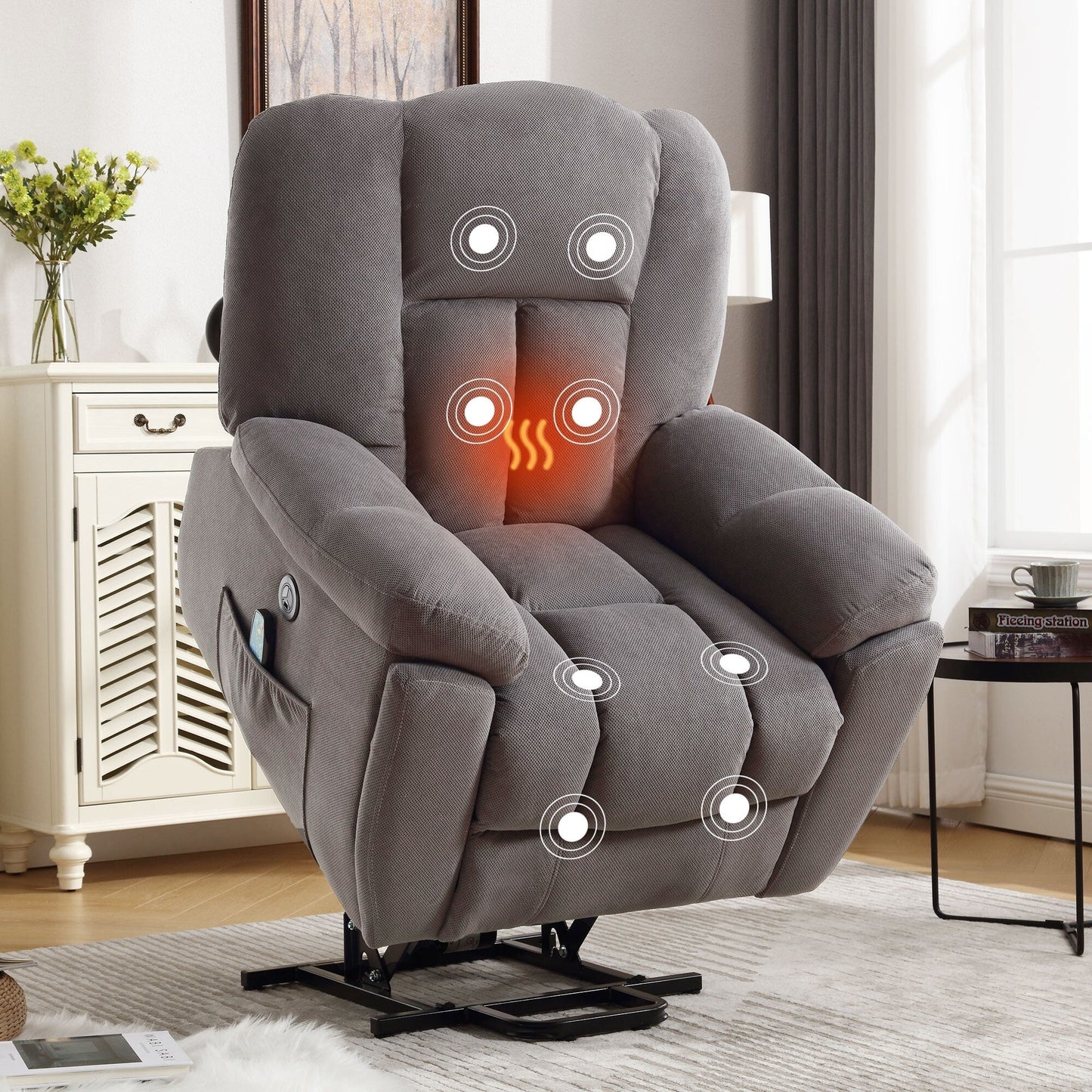 Fauteuil inclinable électrique gris avec chauffage, massage, positions infinies, chargement USB et rangement latéral