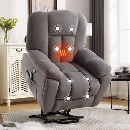 Fauteuil inclinable électrique gris avec chauffage, massage, positions infinies, chargement USB et rangement latéral