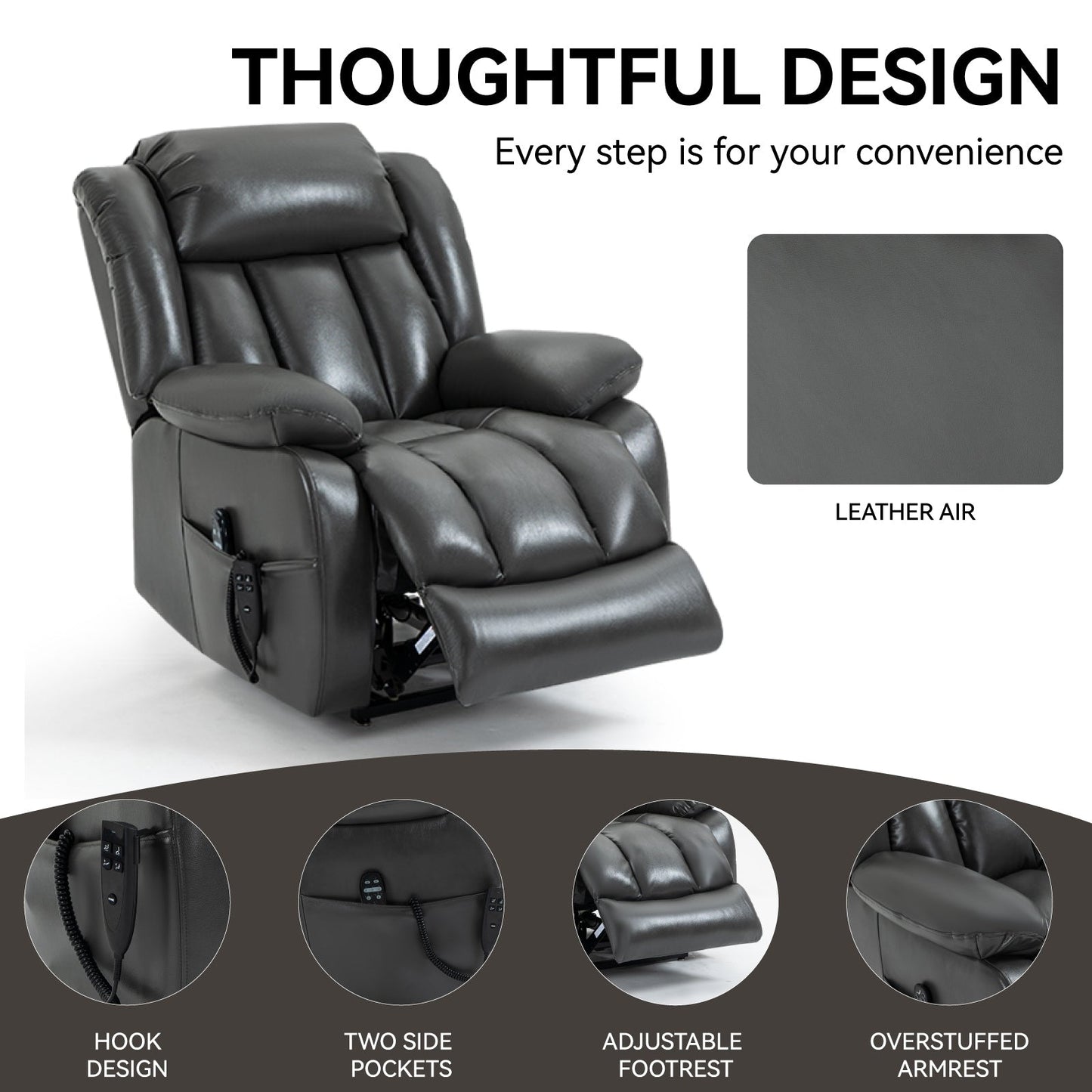 Fauteuil inclinable électrique gris avec double moteur, réglage de la position en continu, massage et chauffage, supporte jusqu'à 350 lb