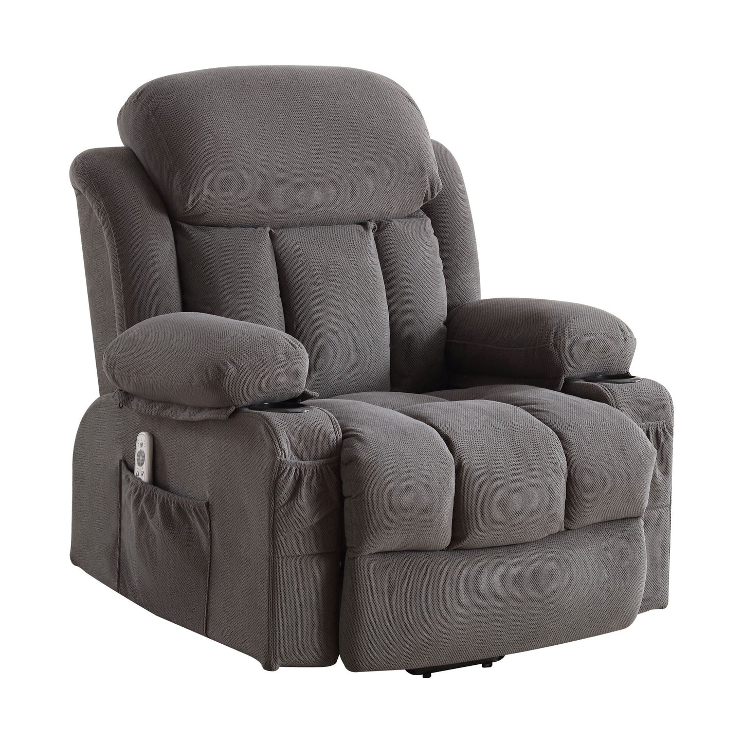 Fauteuil inclinable électrique gris avec chauffage et massage, chargement USB, télécommande et poches latérales pour personnes âgées