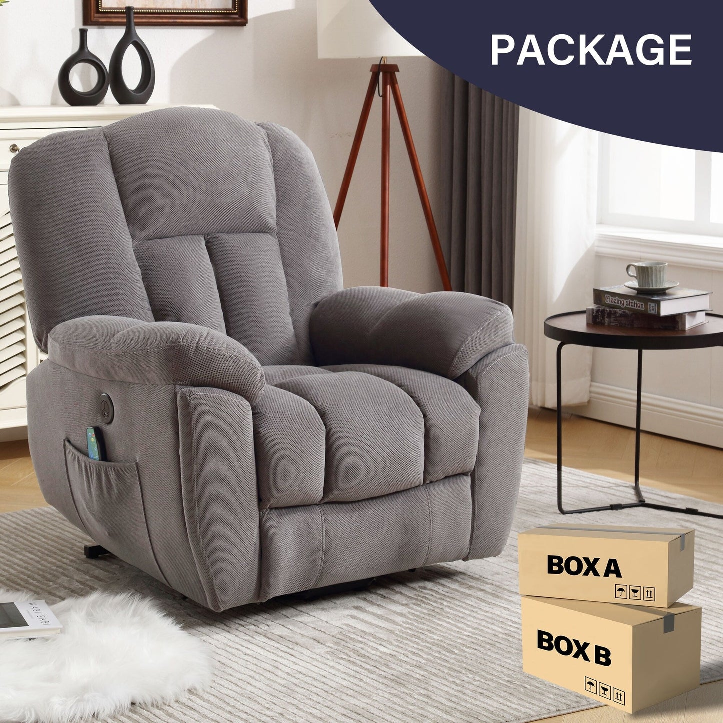 Fauteuil inclinable électrique gris avec chauffage, massage, positions infinies, chargement USB, poches latérales