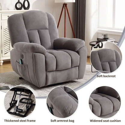 Fauteuil inclinable électrique gris avec chauffage, massage, positions infinies, chargement USB, poches latérales