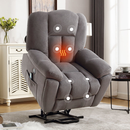 Fauteuil inclinable électrique gris avec chauffage, massage, positions infinies, chargement USB, poches latérales