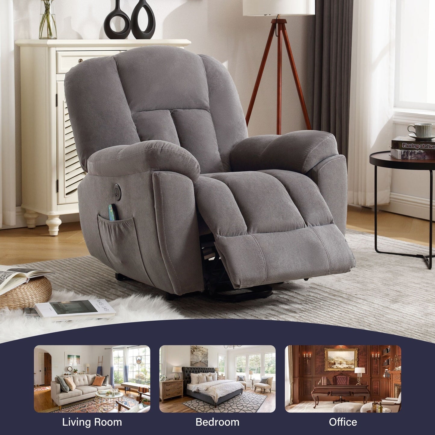 Fauteuil inclinable électrique gris avec chauffage, massage, positions infinies, chargement USB, poches latérales
