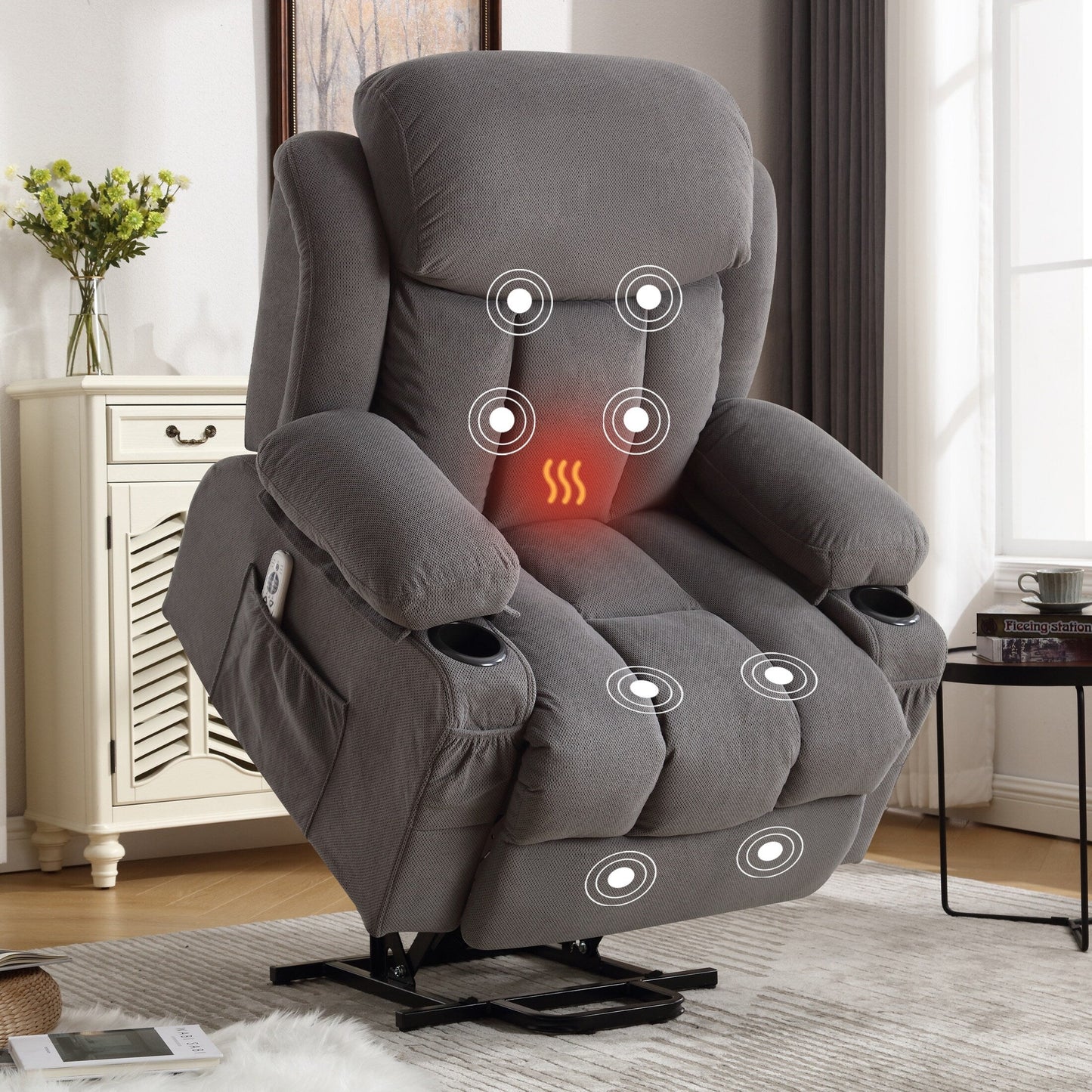 Fauteuil inclinable électrique gris avec chauffage, massage, port USB et poches latérales, télécommande