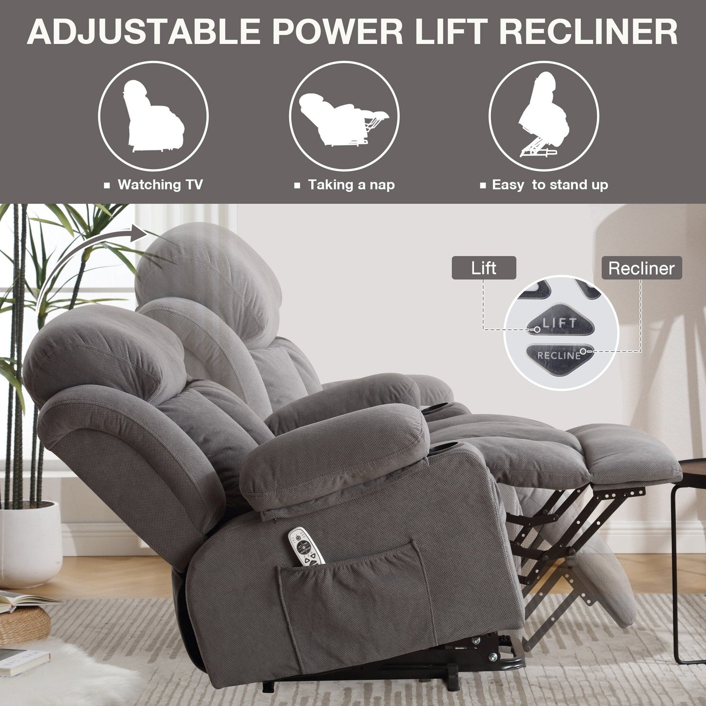 Fauteuil inclinable électrique gris avec chauffage, massage, port USB et poches latérales, télécommande