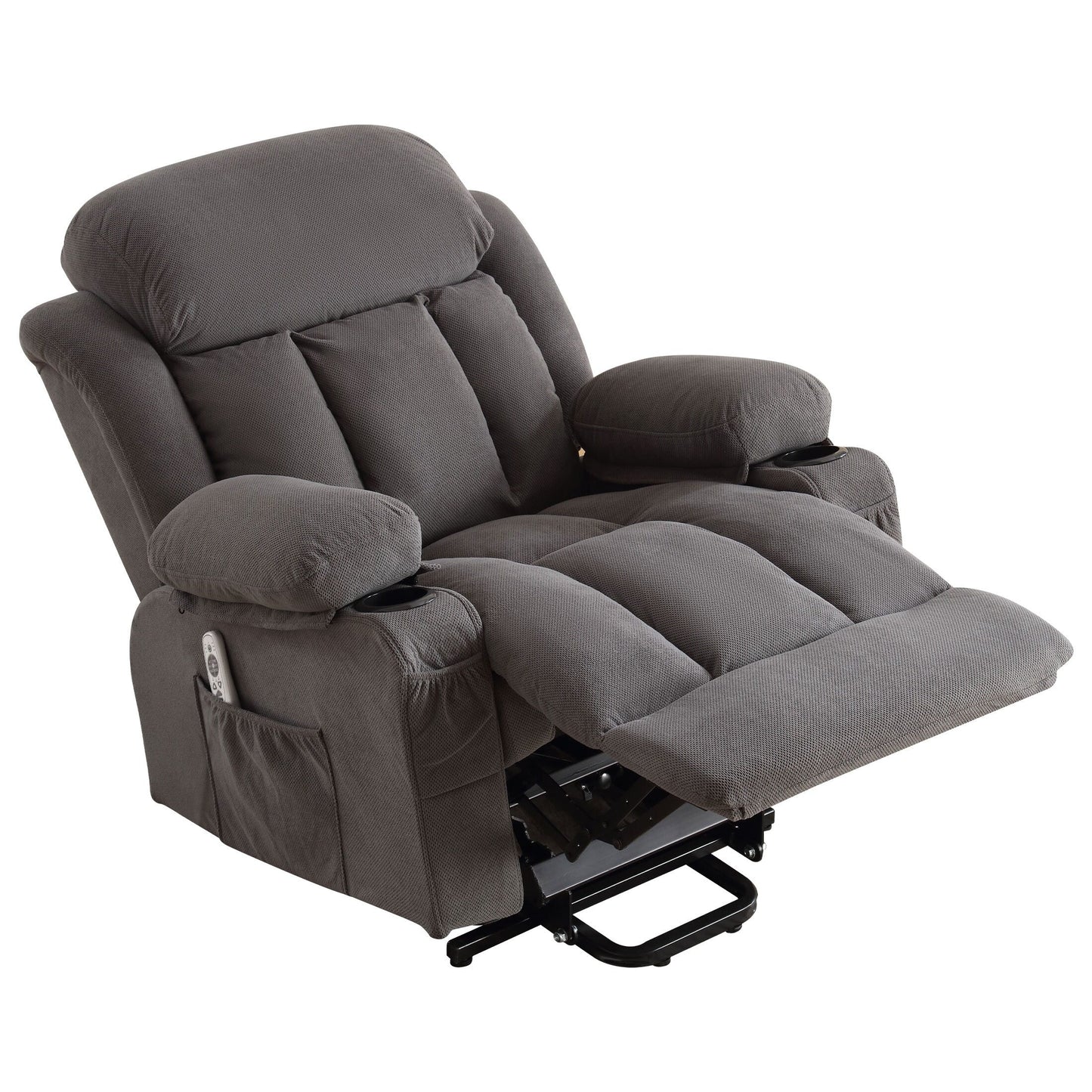 Fauteuil inclinable électrique gris avec chauffage, massage, port USB et poches latérales, livré avec télécommande