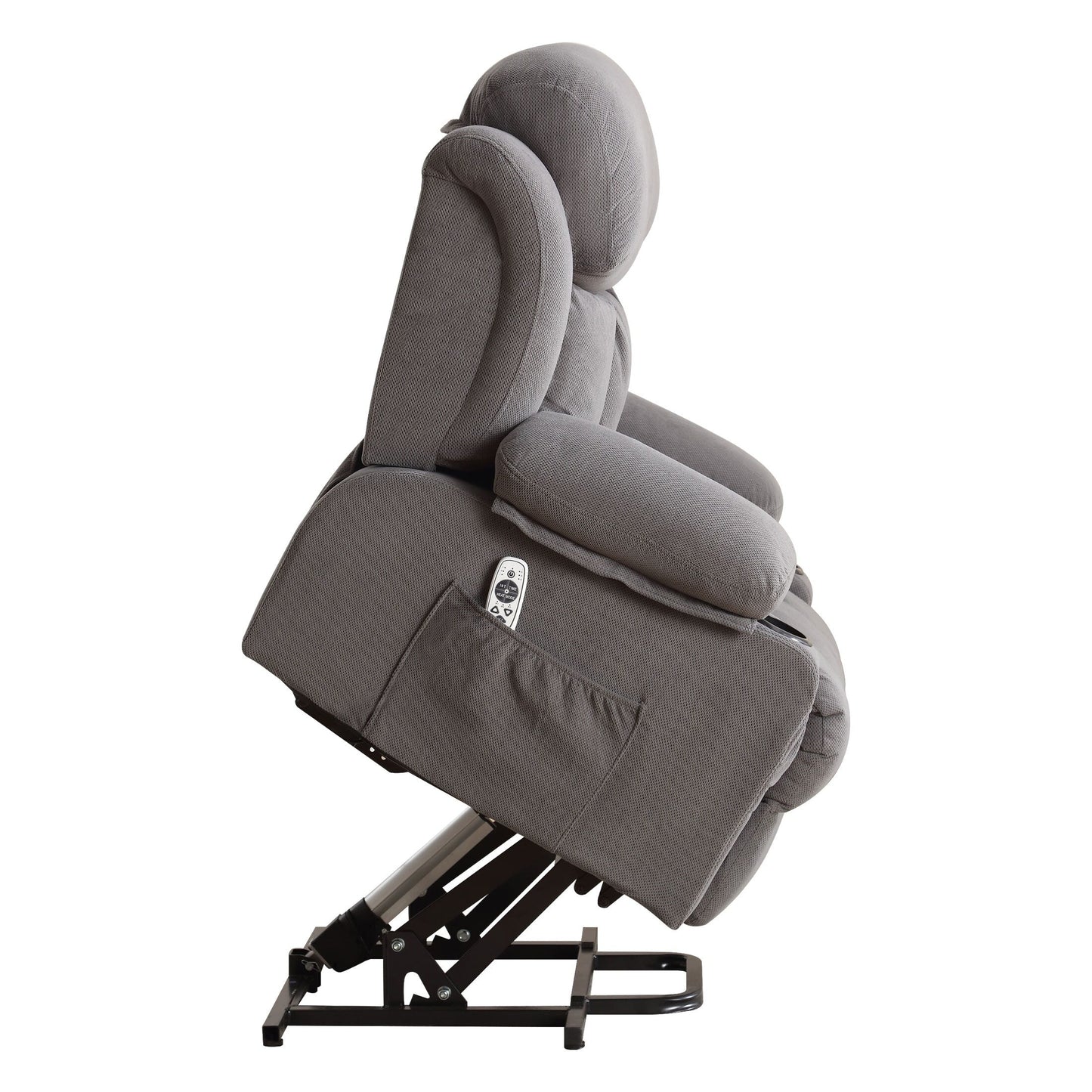Fauteuil inclinable électrique gris avec chauffage, massage, port USB et poches latérales, équipé d'une télécommande