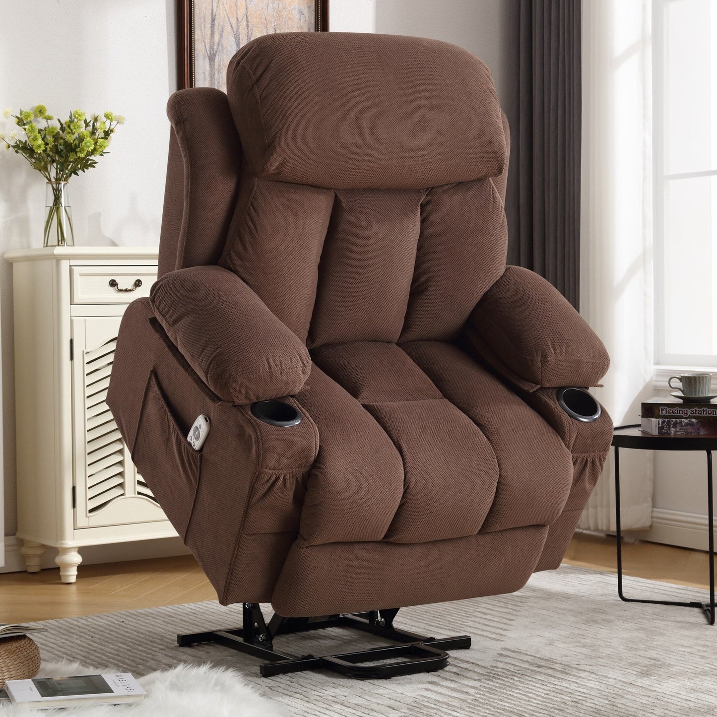 Fauteuil inclinable électrique gris avec chauffage, massage, port USB et poches latérales, équipé d'une télécommande