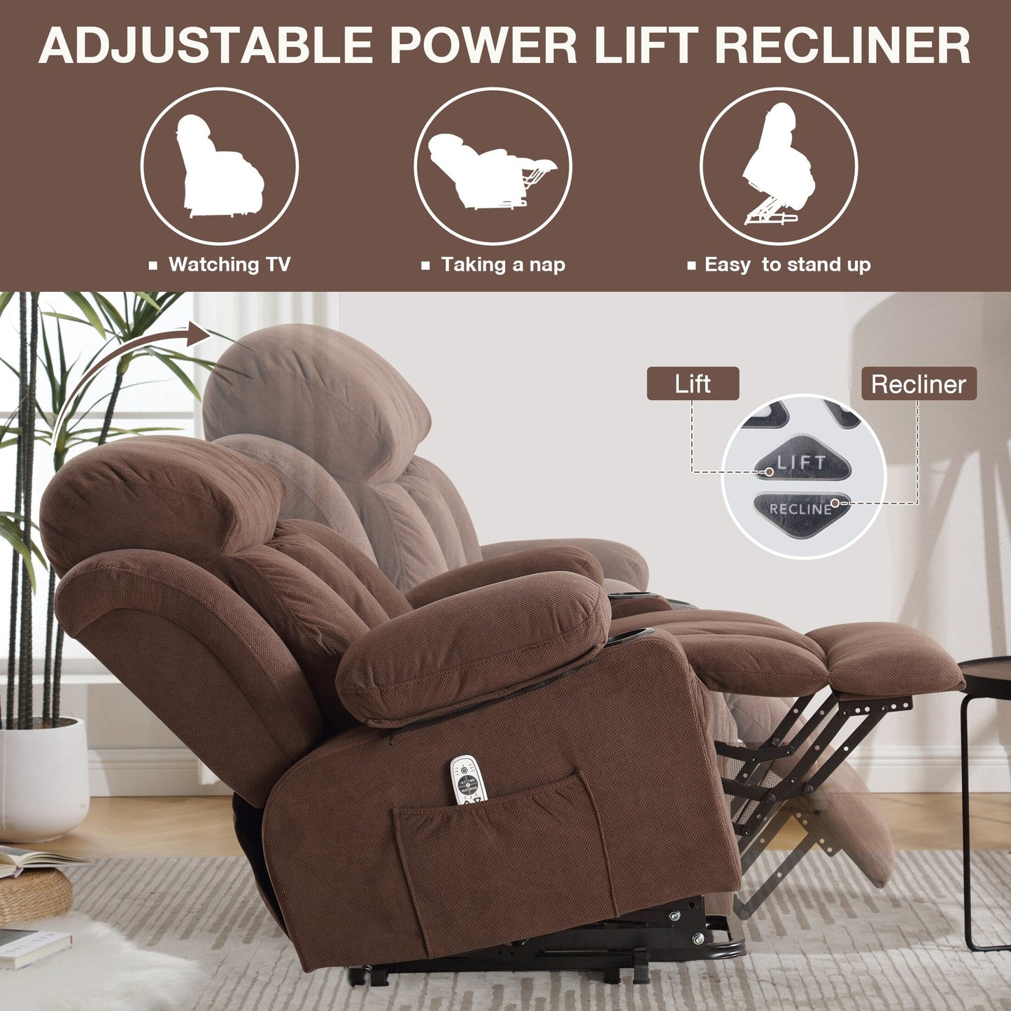 Fauteuil inclinable électrique gris avec chauffage, massage, port USB et poches latérales, équipé d'une télécommande