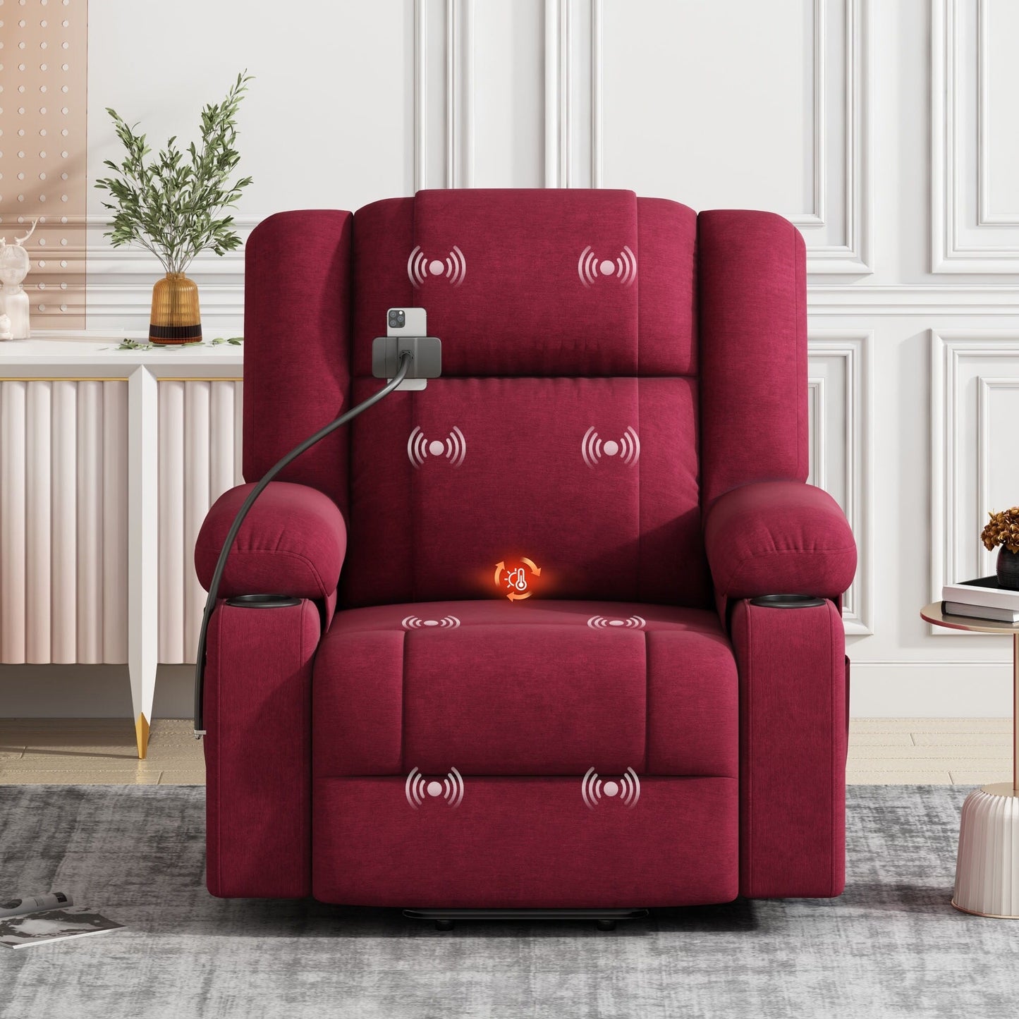 Fauteuil inclinable électrique gris avec massage, chauffage, support de téléphone 360°, poches latérales et porte-gobelets pour personnes âgées