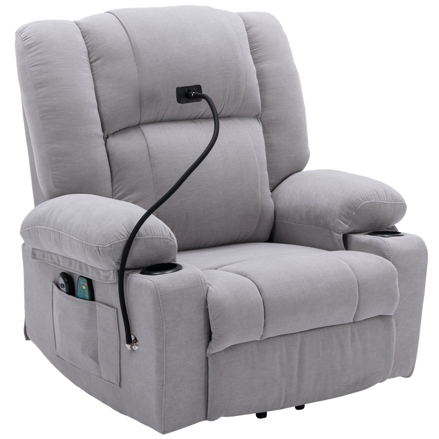 Fauteuil inclinable électrique gris avec massage, chauffage, support de téléphone 360°, poches latérales et porte-gobelets pour personnes âgées