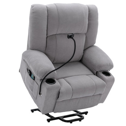 Fauteuil inclinable électrique gris avec massage, chauffage, support de téléphone 360°, poches latérales et porte-gobelets pour personnes âgées