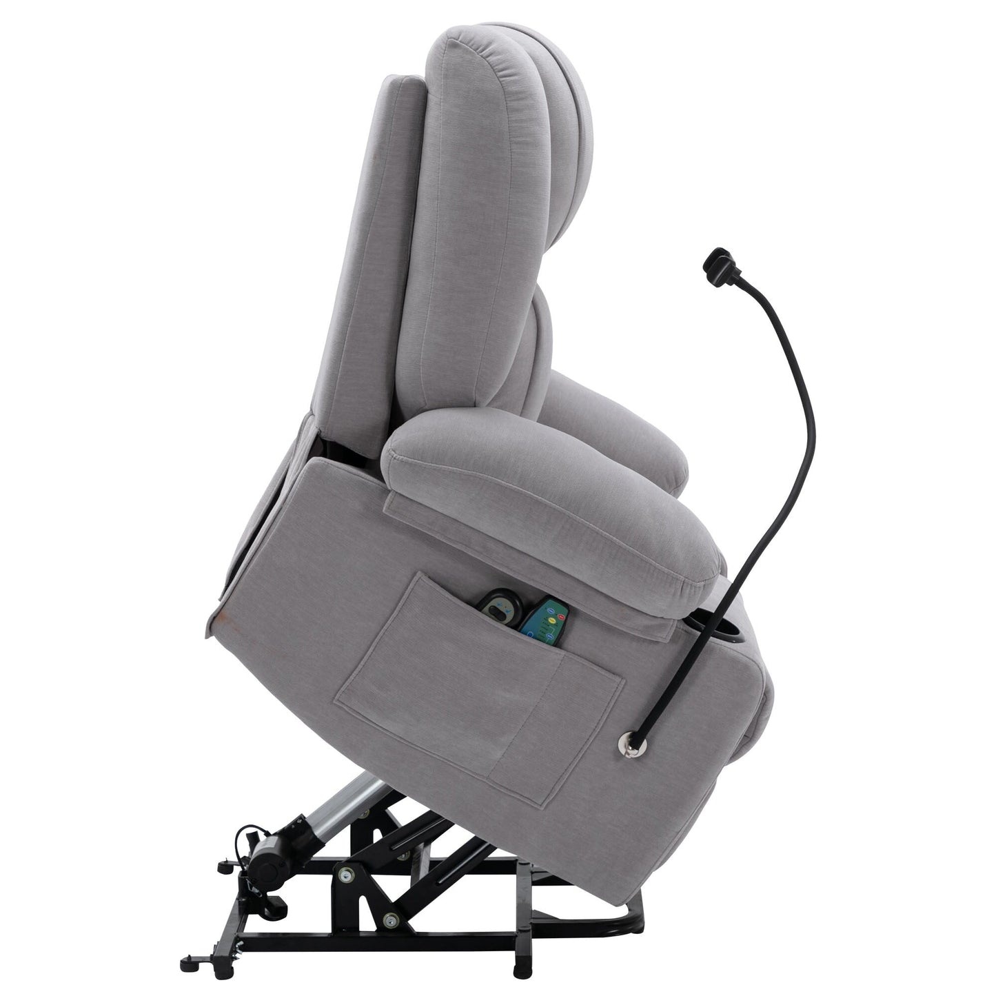 Fauteuil inclinable électrique gris avec massage, chauffage, support de téléphone 360°, poches latérales et porte-gobelets pour personnes âgées