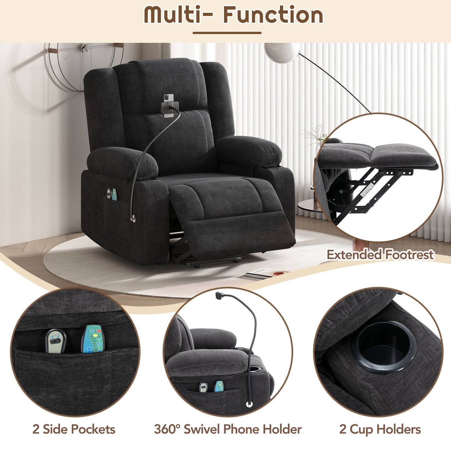 Fauteuil inclinable électrique gris avec massage, chauffage, support de téléphone 360°, poches latérales et porte-gobelets pour personnes âgées