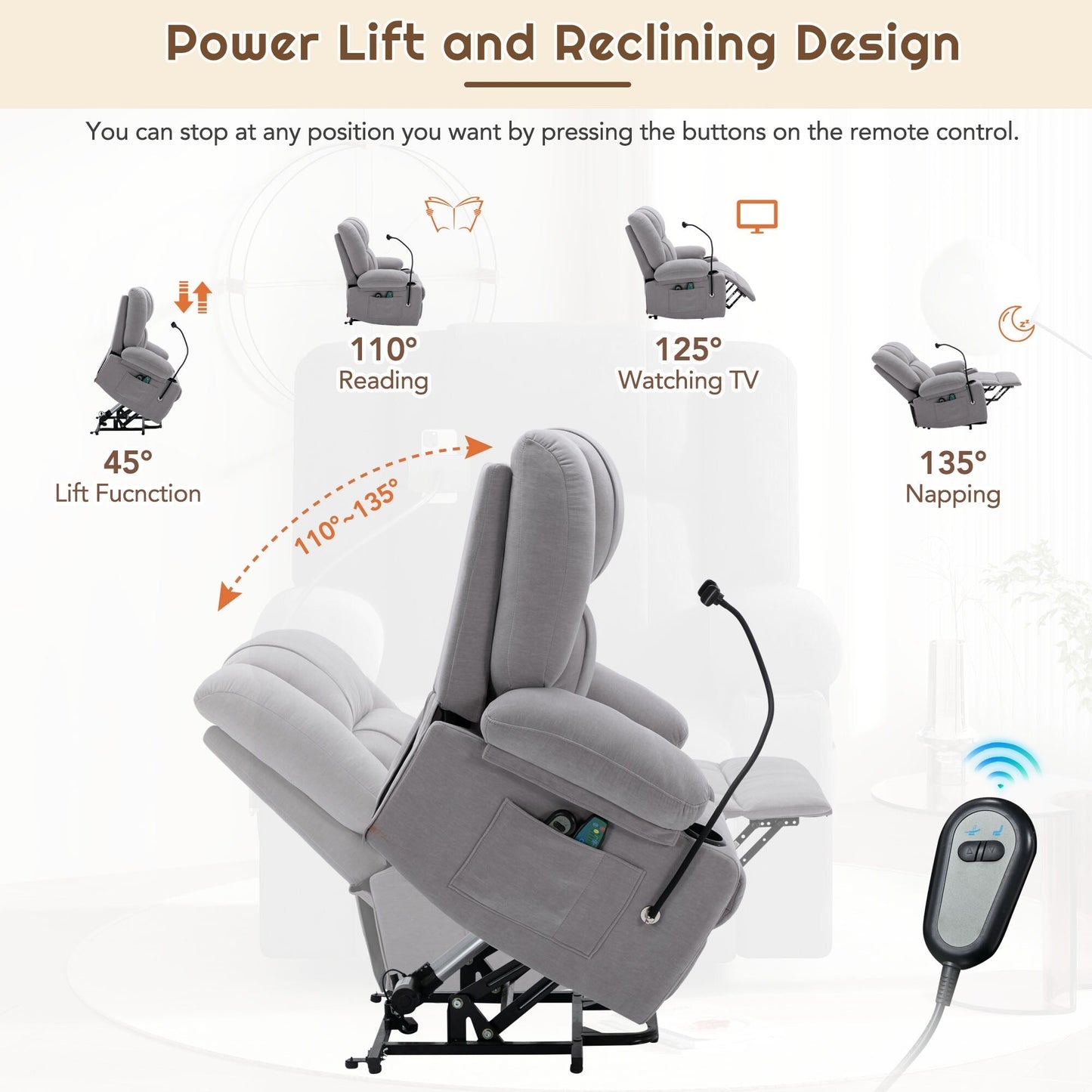 Fauteuil inclinable électrique gris avec massage, chauffage, support de téléphone 360°, poches latérales et porte-gobelets pour personnes âgées