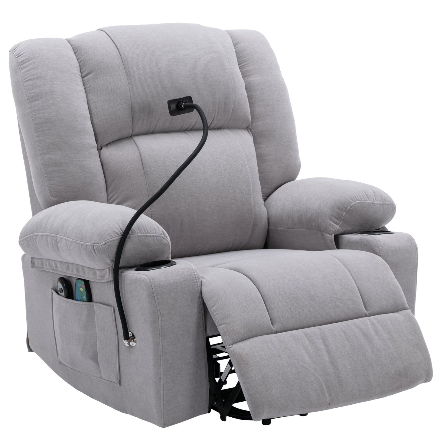 Fauteuil inclinable électrique gris avec massage, chauffage, porte-gobelets et support de téléphone pivotant à 360°, inclinaison réglable