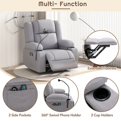 Fauteuil inclinable électrique gris avec massage, chauffage, porte-gobelets et support de téléphone pivotant à 360°, inclinaison réglable