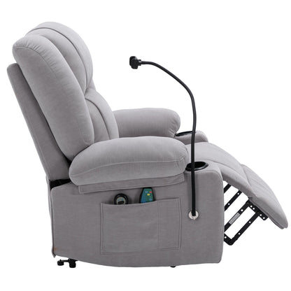 Fauteuil inclinable électrique gris avec massage, chauffage, porte-gobelets et support de téléphone pivotant à 360°, inclinaison réglable