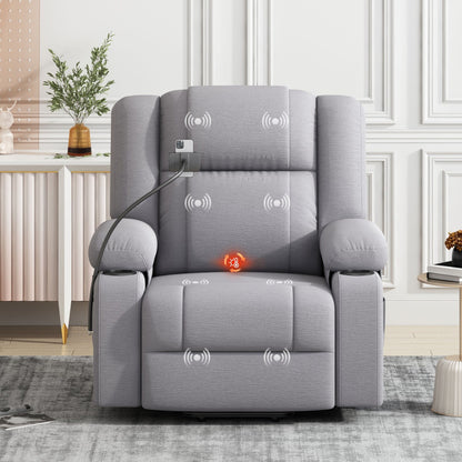 Fauteuil inclinable électrique gris avec massage, chauffage, porte-gobelets et support de téléphone pivotant à 360°, inclinaison réglable