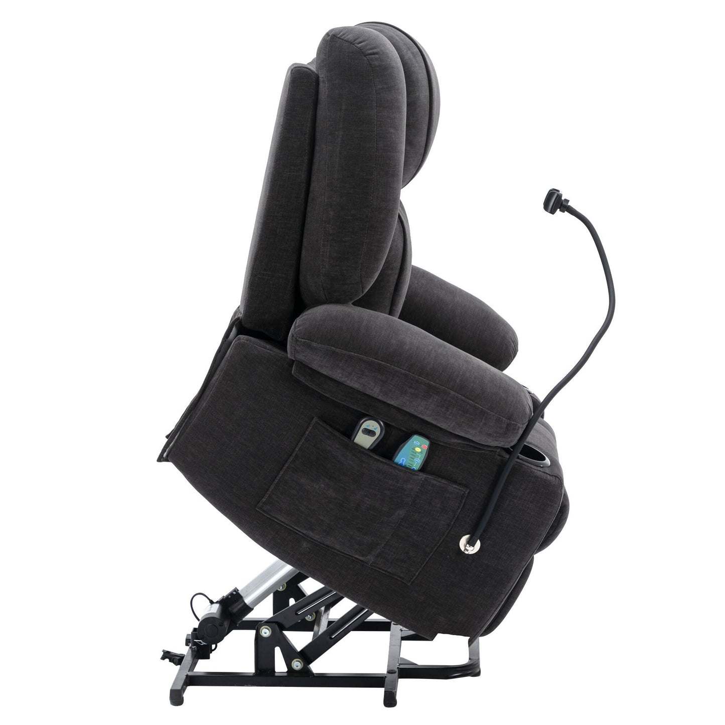 Fauteuil inclinable électrique gris avec massage, chauffage, porte-gobelets et support de téléphone pivotant à 360°, inclinaison réglable