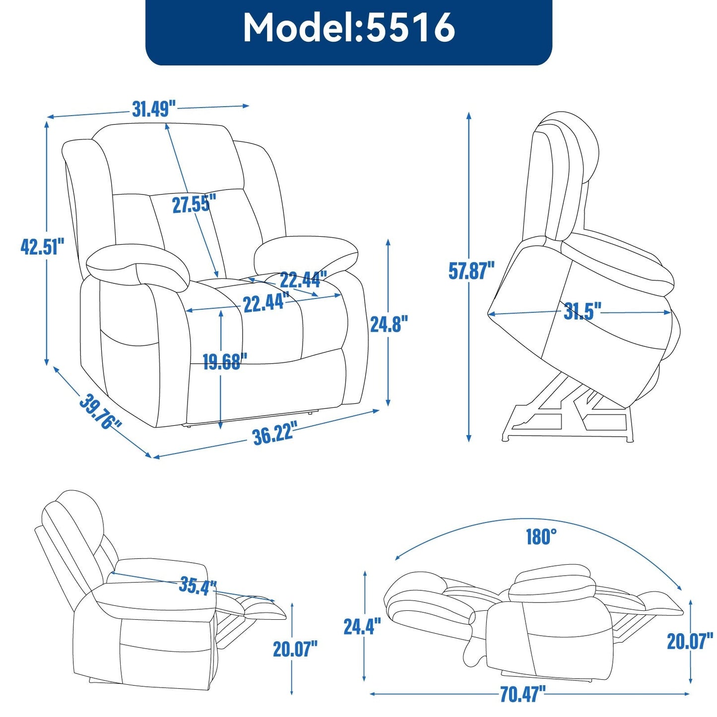 Fauteuil inclinable électrique gris avec double moteur, massage par vibrations à 8 points, chauffage lombaire et inclinaison à 180°
