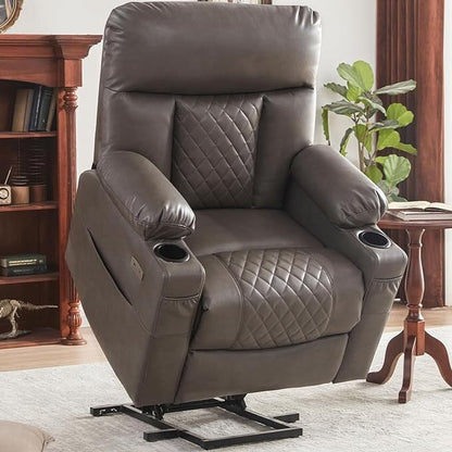 Fauteuil inclinable électrique gris avec chauffage, massage, repose-pieds allongé, ports de charge USB et Type-C et porte-gobelets