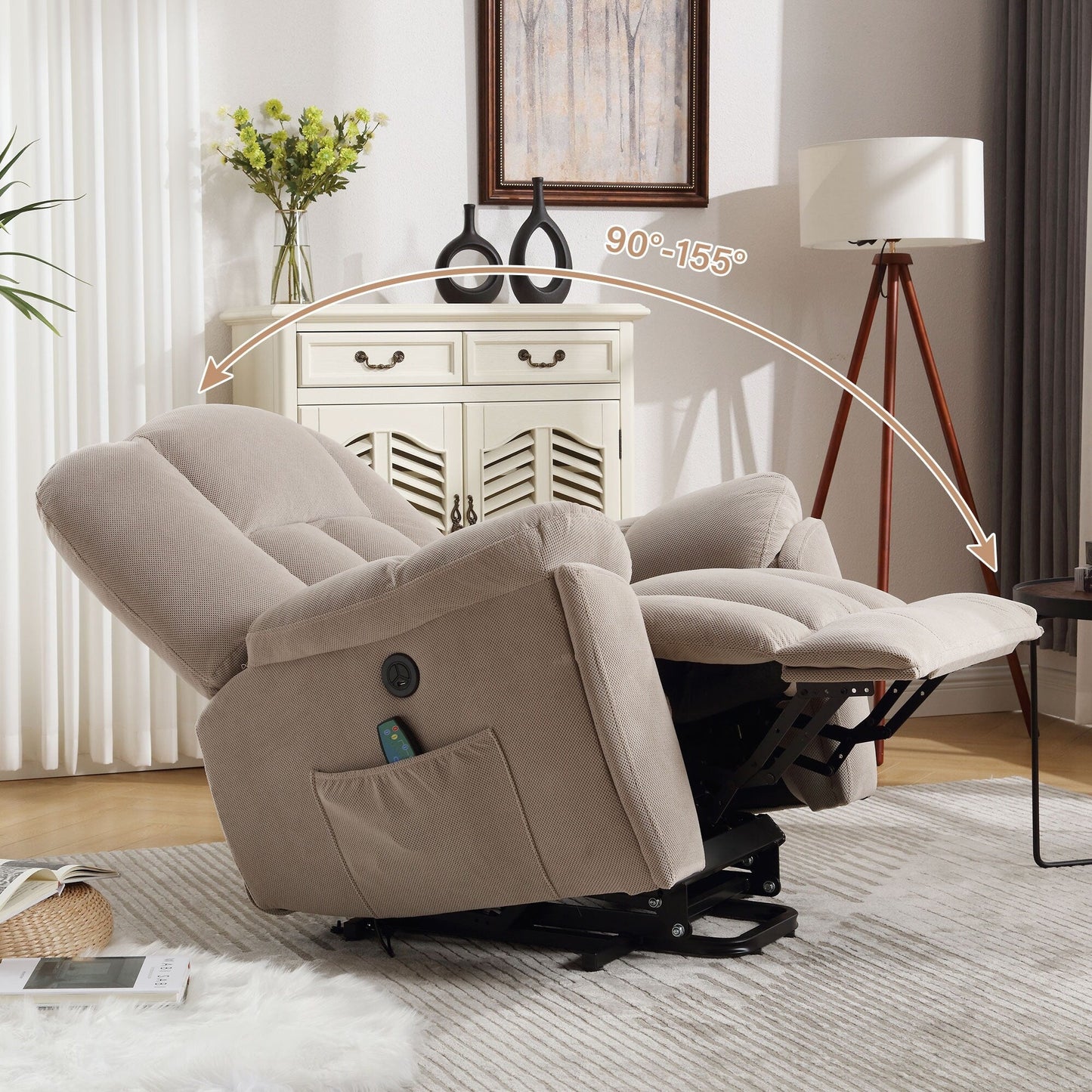 Fauteuil inclinable électrique gris avec chauffage, massage, positions infinies, chargement USB et poches latérales