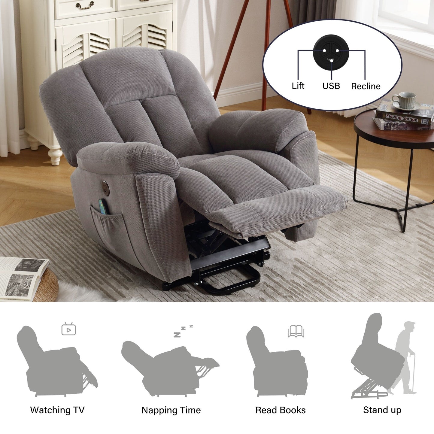 Fauteuil inclinable électrique gris avec chauffage, massage, positions infinies, chargement USB et poches latérales pratiques