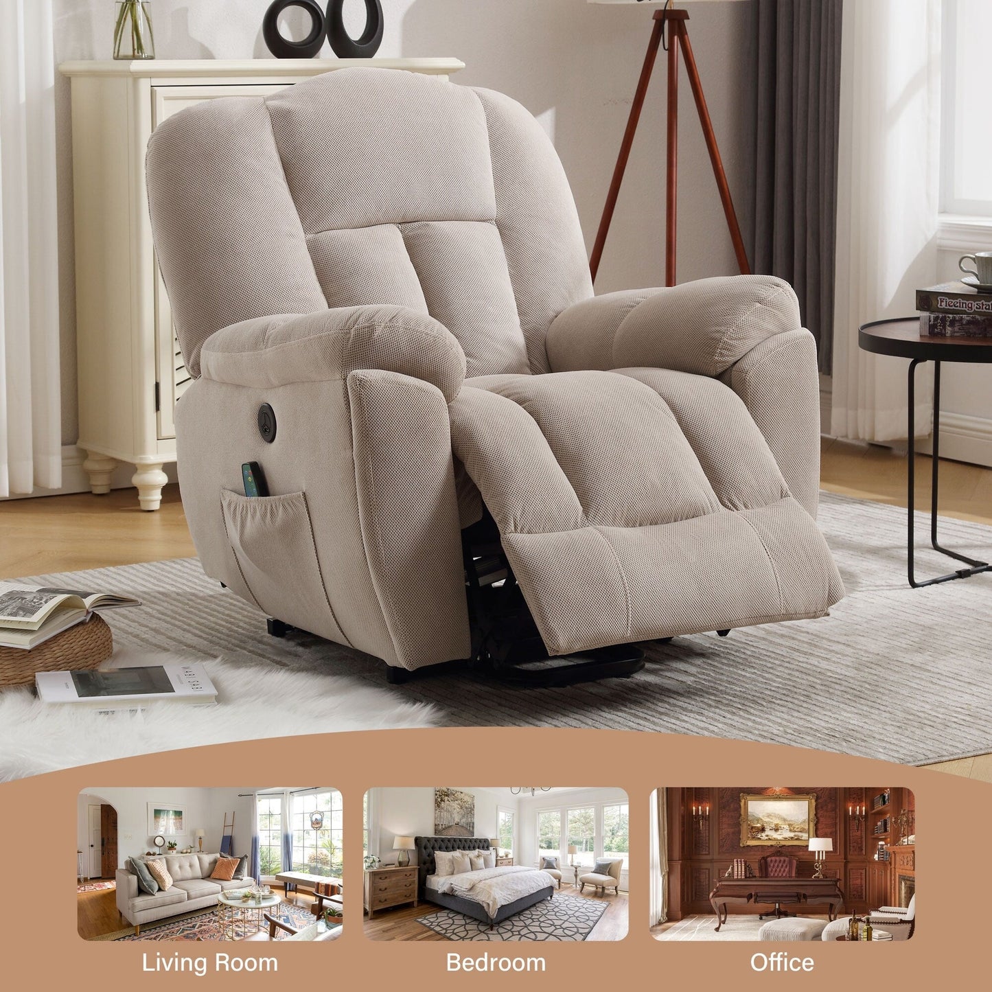 Fauteuil inclinable électrique gris avec chauffage, massage, positions infinies, chargement USB et poches latérales pratiques