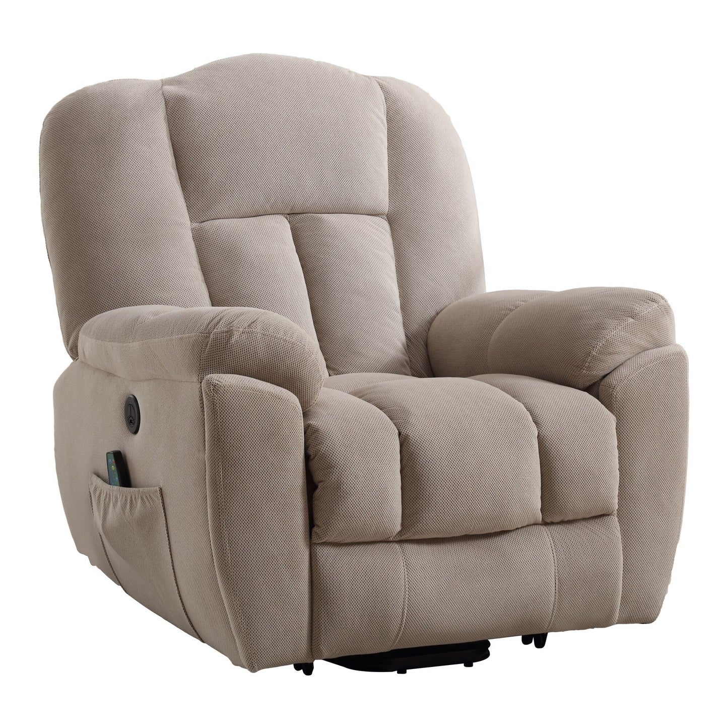 Fauteuil inclinable électrique gris avec chauffage, massage, positions infinies, chargement USB et poches latérales pratiques