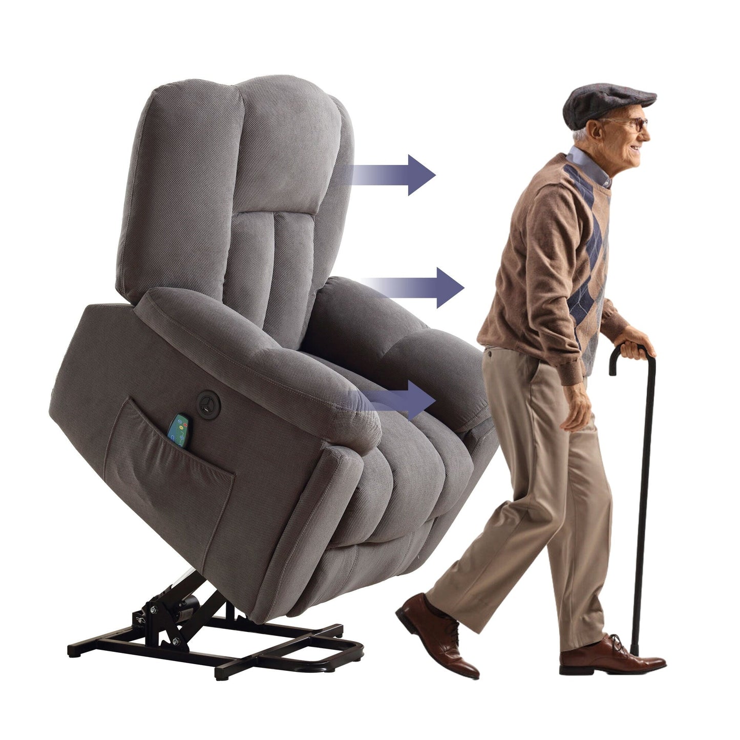Fauteuil inclinable électrique gris avec chauffage, massage, positions infinies, chargement USB et poches latérales pratiques