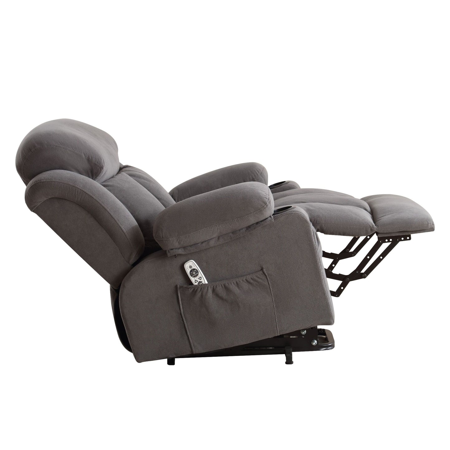 Fauteuil inclinable électrique gris avec chauffage, massage, télécommande, chargement USB et poches latérales pour personnes âgées