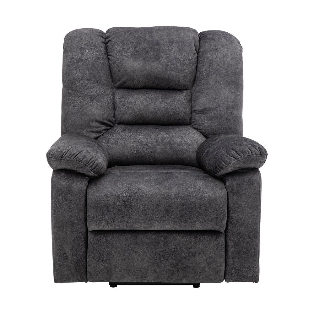 Fauteuil releveur électrique inclinable gris avec fonctions de massage et de chauffage, tissu polyester résistant et télécommande pratique