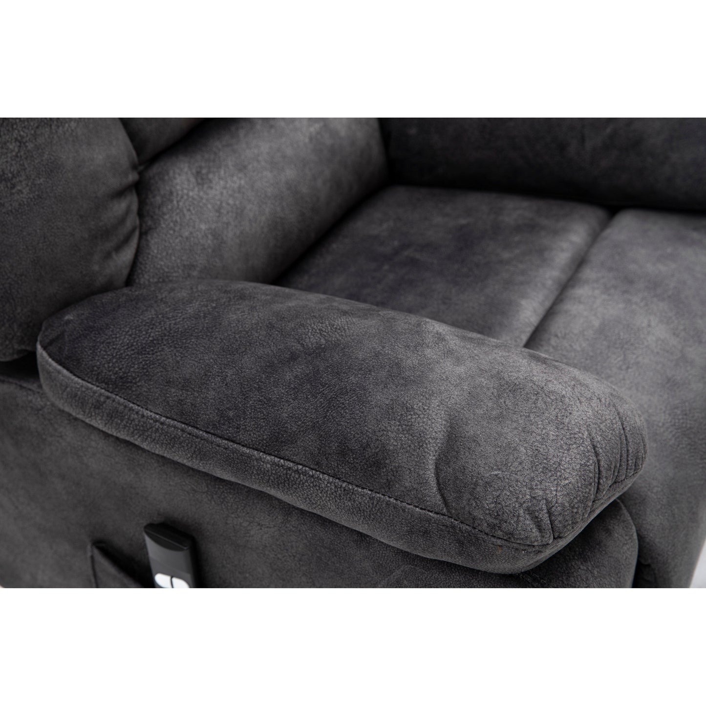 Fauteuil releveur électrique inclinable gris avec fonctions de massage et de chauffage, tissu polyester résistant et télécommande pratique