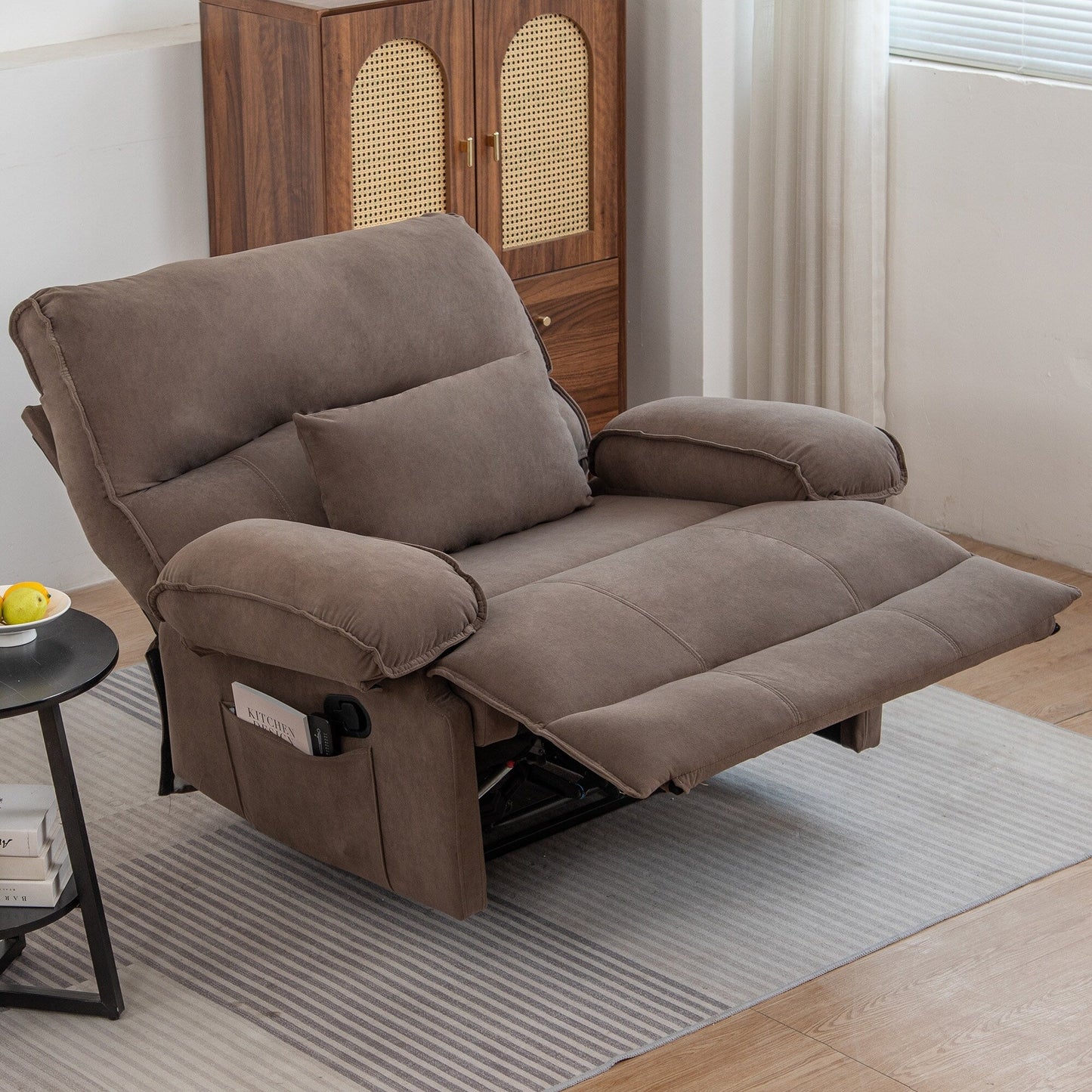 Fauteuil inclinable extra-large gris avec coussin de massage chauffant, tissu polaire doux et confort moelleux