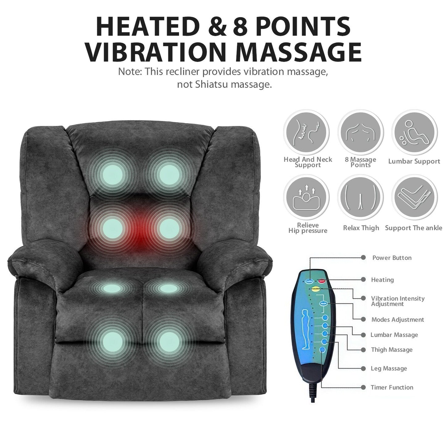 Fauteuil inclinable extra-large gris avec massage complet du corps et chauffage lombaire, cadre robuste, inclinaison réglable