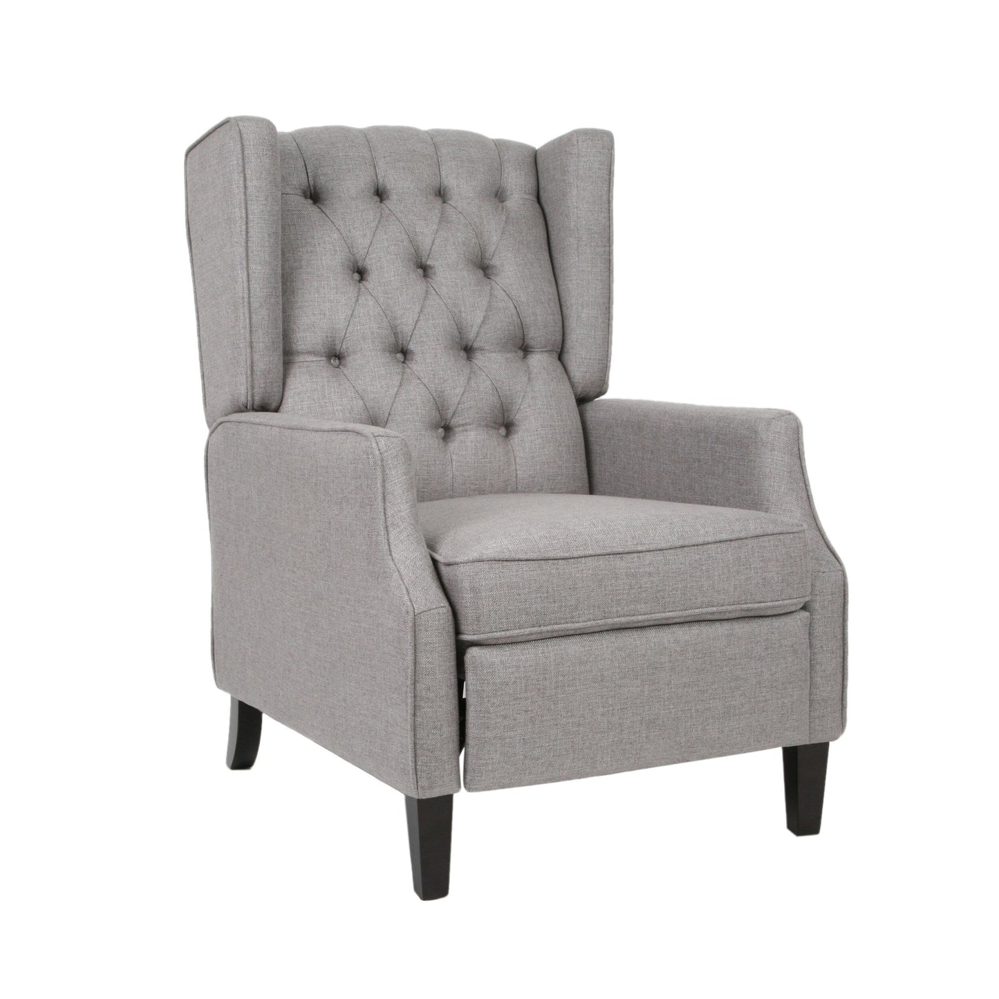 Fauteuil inclinable à oreilles rembourré en tissu gris de style milieu du siècle avec repose-pieds et dossier capitonné
