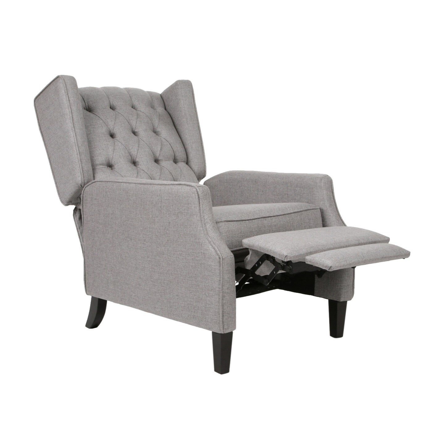 Fauteuil inclinable à oreilles rembourré en tissu gris de style milieu du siècle avec repose-pieds et dossier capitonné