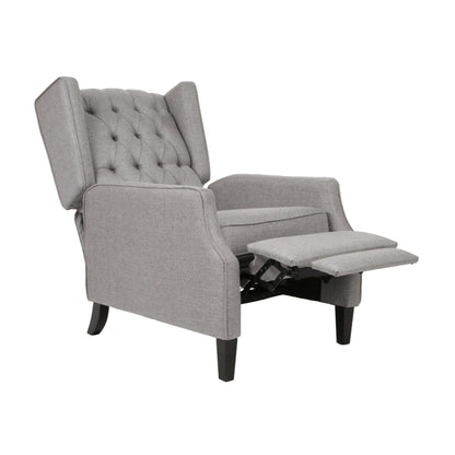 Fauteuil inclinable à oreilles rembourré en tissu gris de style milieu du siècle avec repose-pieds et dossier capitonné
